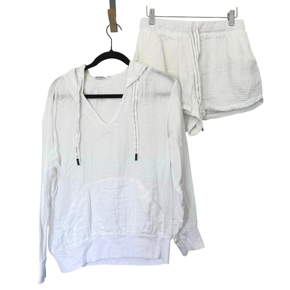 Stateside Matching Set White Cotton Gauze Beachy Hoodie/Shorts- Coastal Chic